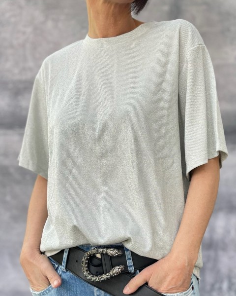 Lurex Rippen T-Shirt oversized Silber