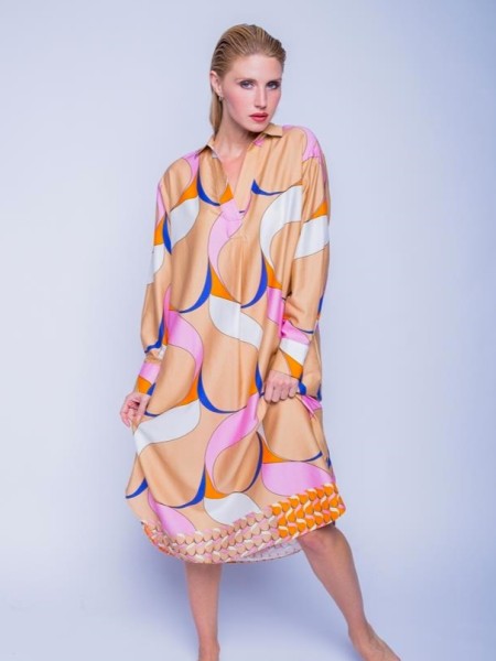 Tunika Kleid JULY mit Retro Print Macchiato mit Pink/Orange