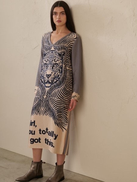 Langes Kleid EVE mit Mustermix "Tiger" Beige-Blau