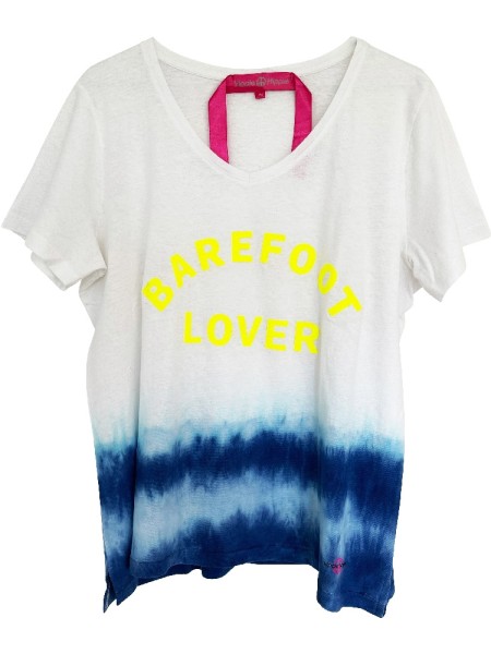 T-Shirt Batik "BAREFOOT LOVER" in Weiß mit Neon Gelb und Blau