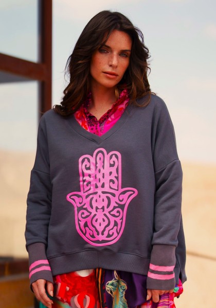 Sweatshirt Protective Hand in Grafit mit Neon Pink