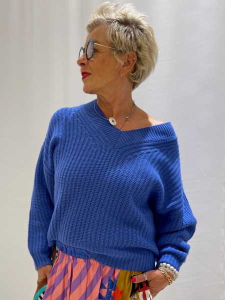 Rippe Pullover V-Ausschnitt in Kornblumenblau